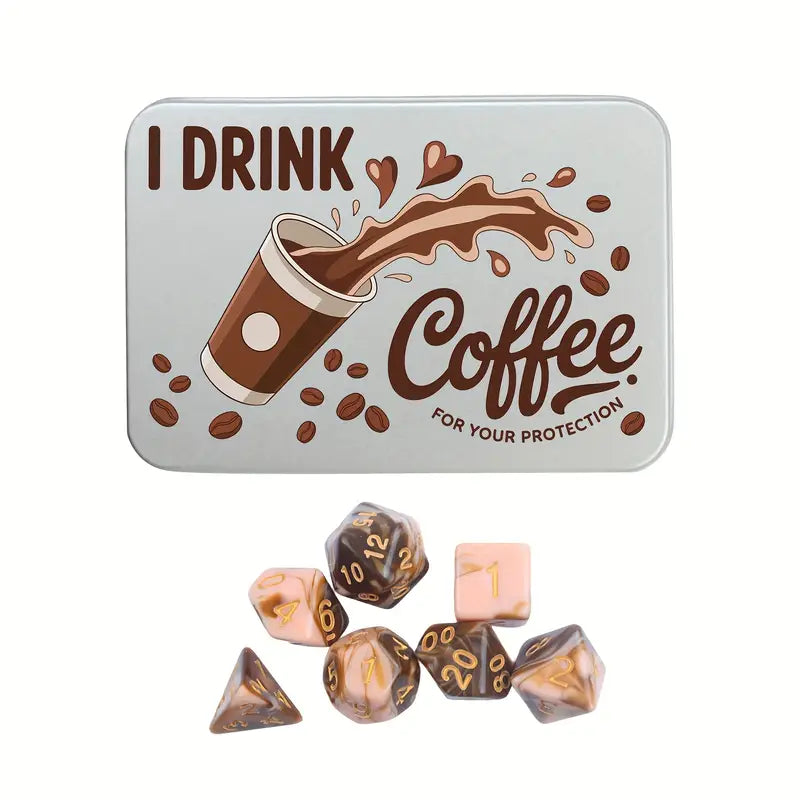 I Drink Coffee: Milky Brown and Pink D&D or RPG Dice Set