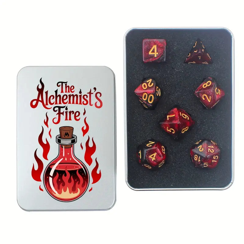 The Alchemists Fire: D&D or RPG Red and Black Dice in tin