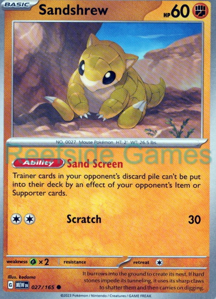 SANDSHREW 027/165 Common 151 Pokemon Near Mint