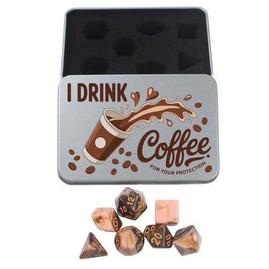 I Drink Coffee: Milky Brown and Pink D&D or RPG Dice Set