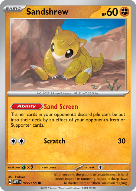 SANDSHREW 027/165 Common 151 Pokemon Near Mint