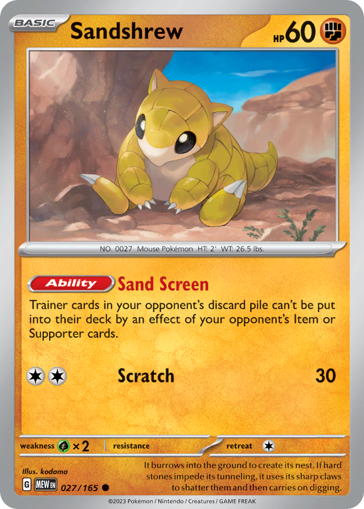 SANDSHREW 027/165 Common 151 Pokemon Near Mint