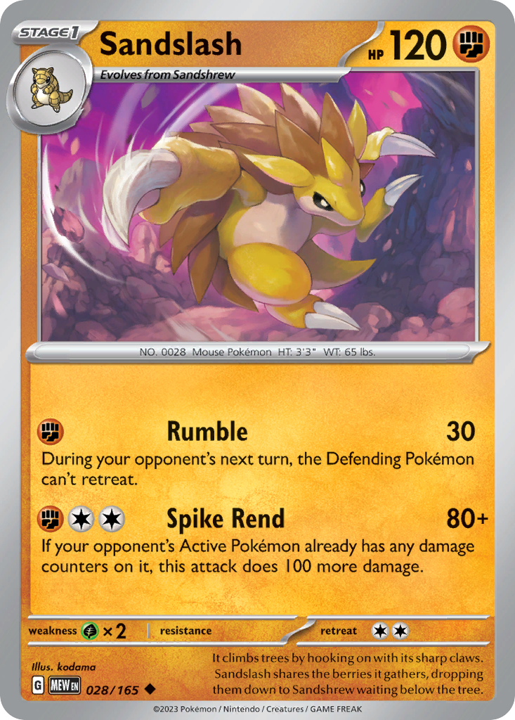 SANDSLASH 028/165 Uncommon 151 Pokemon Near Mint