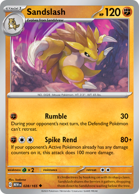 SANDSLASH 028/165 Uncommon 151 Pokemon Near Mint