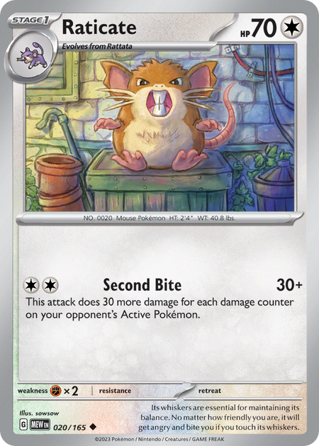 RATICATE 020/165 Uncommon 151 Pokemon Near Mint