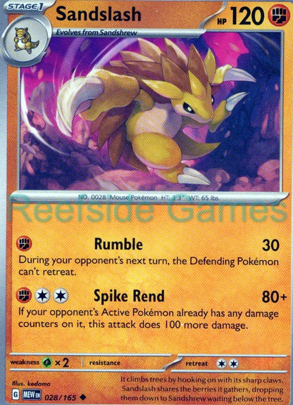 SANDSLASH 028/165 Uncommon 151 Pokemon Near Mint