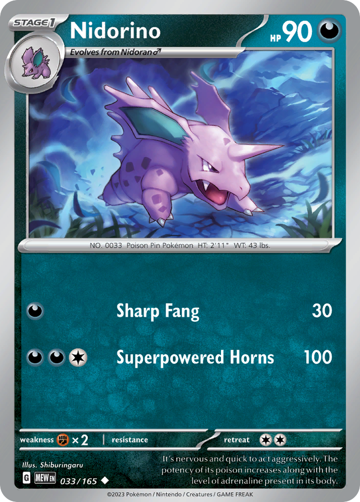 NIDORINO 033/165 Uncommon 151 Pokemon Near Mint
